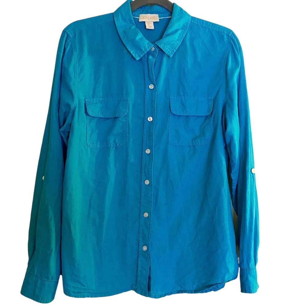 Lucy & Laurel Turquoise Blouse | Linen | M-L | Optional Rollup Sleeves